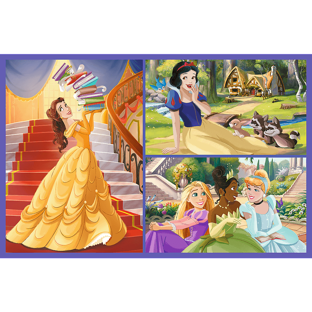 Een collage van Disney-prinsessen. Belle houdt boeken op een trap, Sneeuwwitje zit met dieren en Assepoester, Tiana en Rapunzel zijn samen.