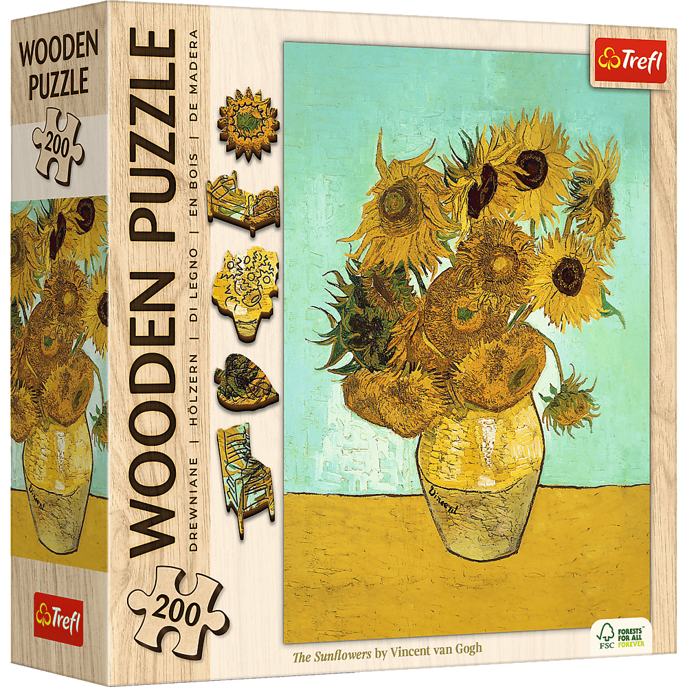 Een houten puzzeldoos met een schilderij van Van Gogh van zonnebloemen in een vaas. Bevat puzzelstukontwerpen en het Trefl-logo.