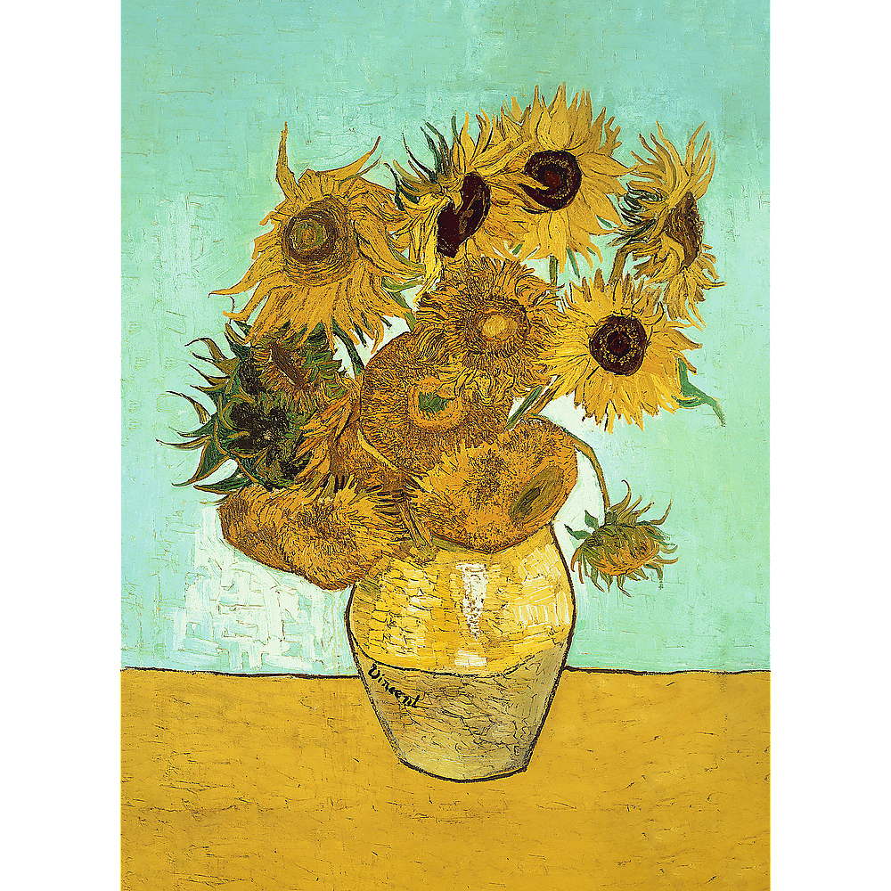 Een vaas met zonnebloemen, geel en bruin, staat op een gele tafel tegen een lichtblauwe achtergrond. Het schilderij is in de stijl van Van Gogh.