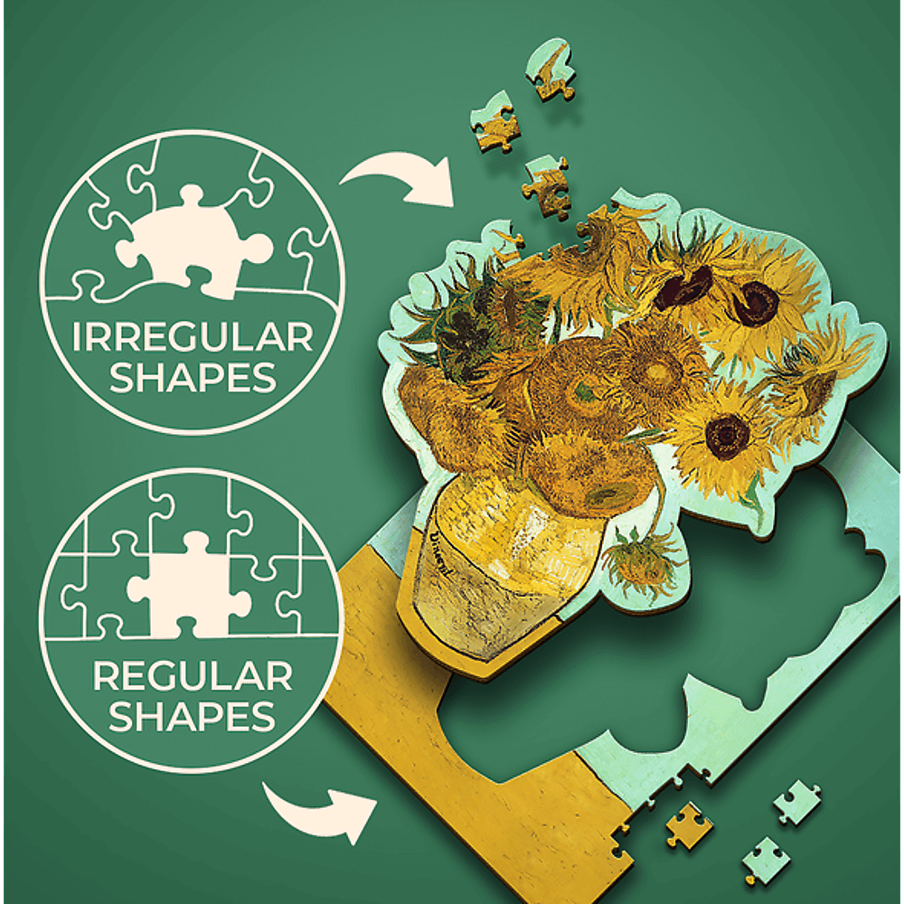 Een puzzel van Van Goghs zonnebloemen. De afbeelding toont de puzzelstukjes en diagrammen die onregelmatige en regelmatige vormen vergelijken.