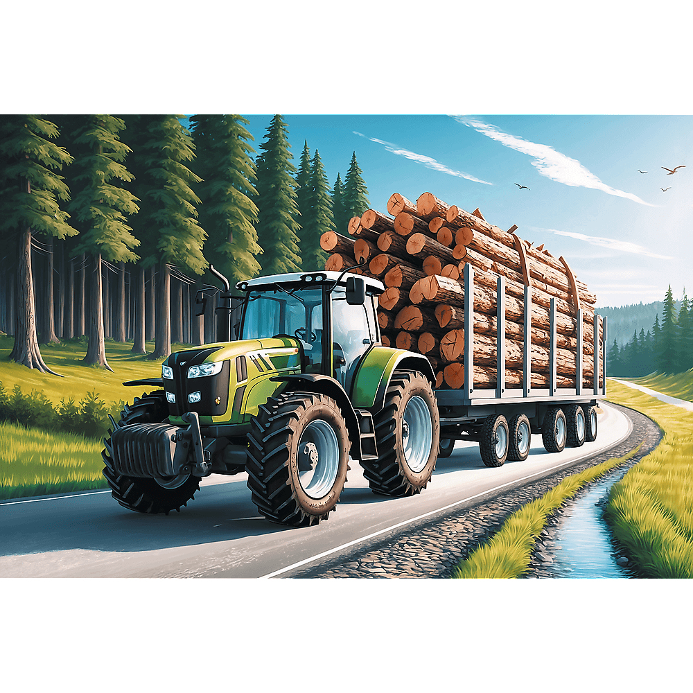 Een groene tractor met boomstammen op een aanhanger rijdt over een weg door een bos. De lucht is blauw met een paar wolken.