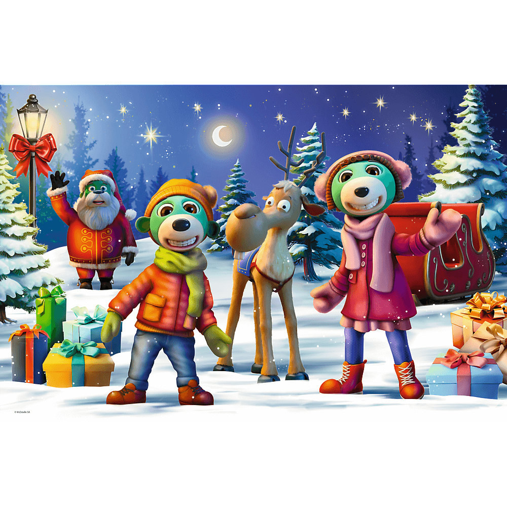 Scène de Noël de dessin animé. Les personnages incluent le Père Noël, un renne et des personnages ressemblant à des ours en tenues d'hiver, entourés de cadeaux et de neige.