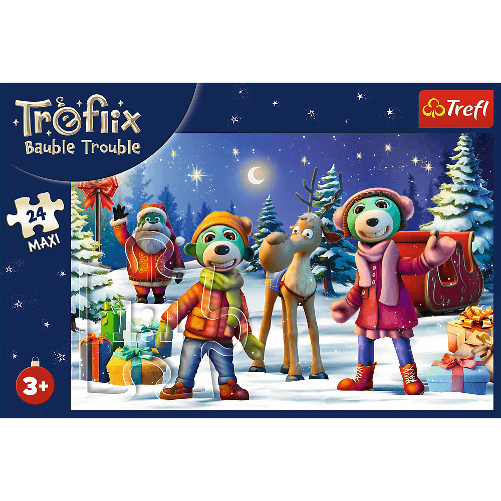 Boîte de puzzle avec des personnages de dessins animés : Père Noël, deux ours et un renne dans une scène de forêt enneigée, avec des cadeaux.
