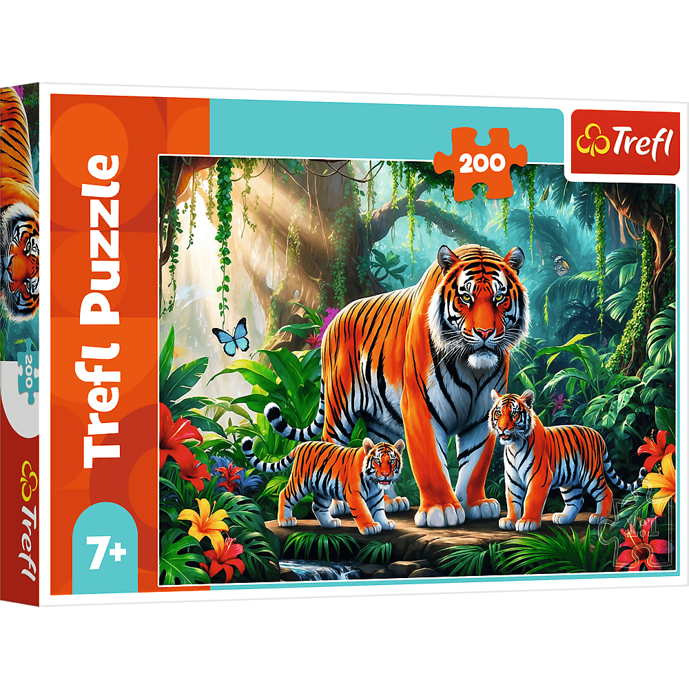 Boîte de puzzle avec une famille de tigres dans un cadre de jungle. Les tigres se tiennent sur un rocher entourés de plantes et de fleurs.