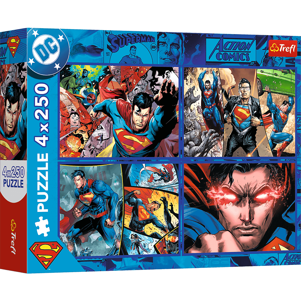 Une boîte de puzzle Superman. Superman dans diverses scènes de bande dessinée, en costume bleu et cape rouge, avec le logo.