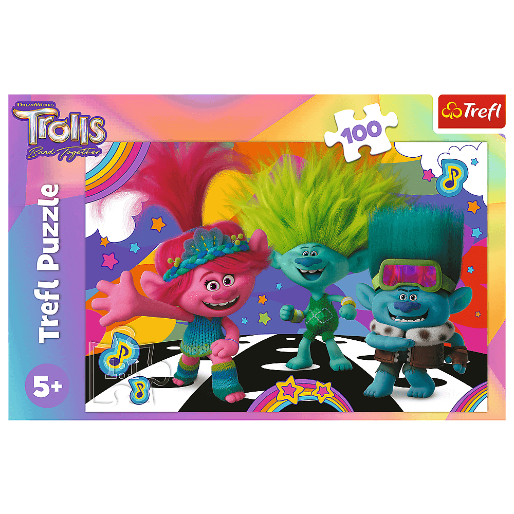 Ein Trolls-Puzzle. Drei Trolls-Charaktere stehen auf einer schwarz-weißen Straße. Regenbogen und Noten sind im Hintergrund.