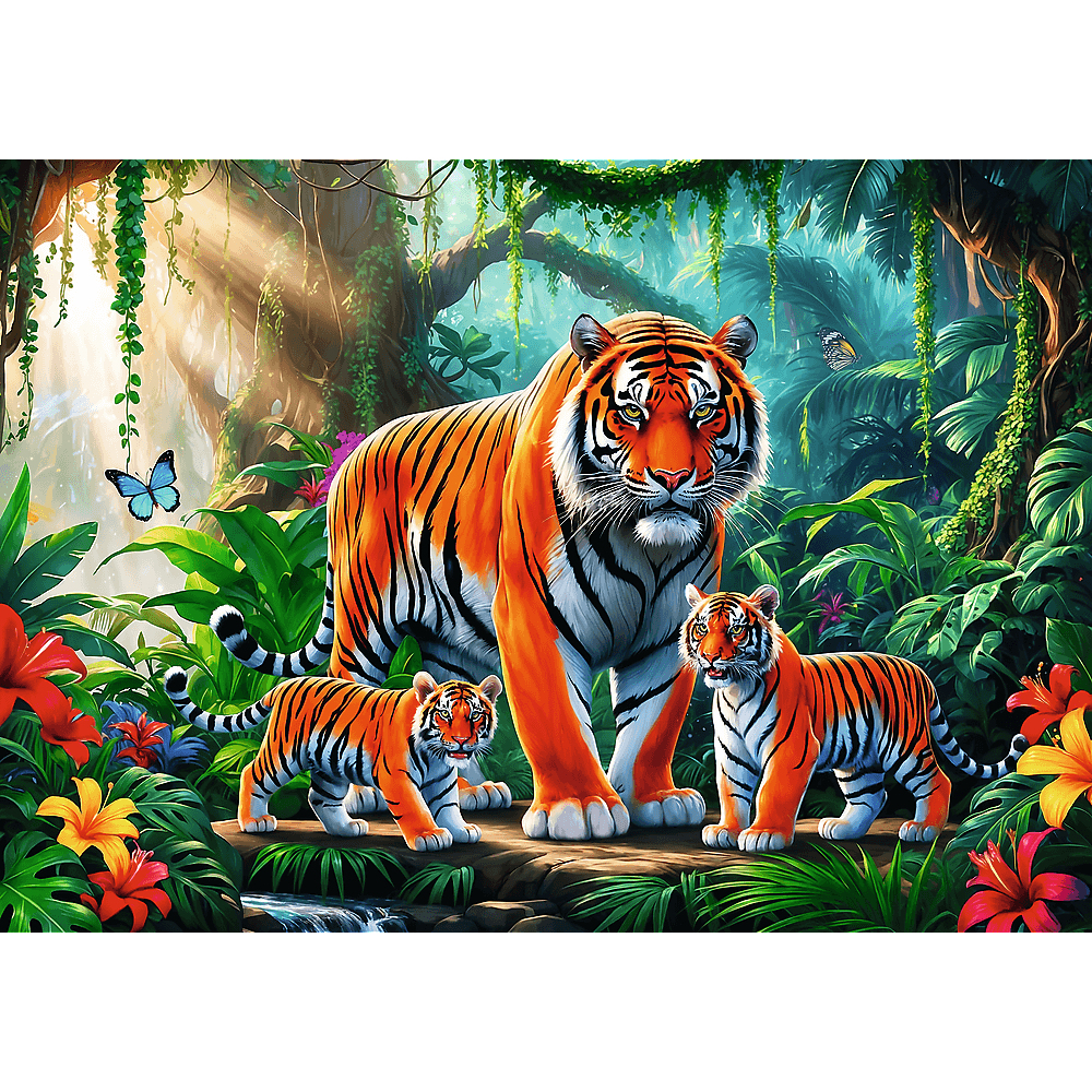 Une famille de tigres dans la jungle. Un grand tigre se tient avec deux petits. Un feuillage vert luxuriant et des fleurs les entourent. Un papillon vole.