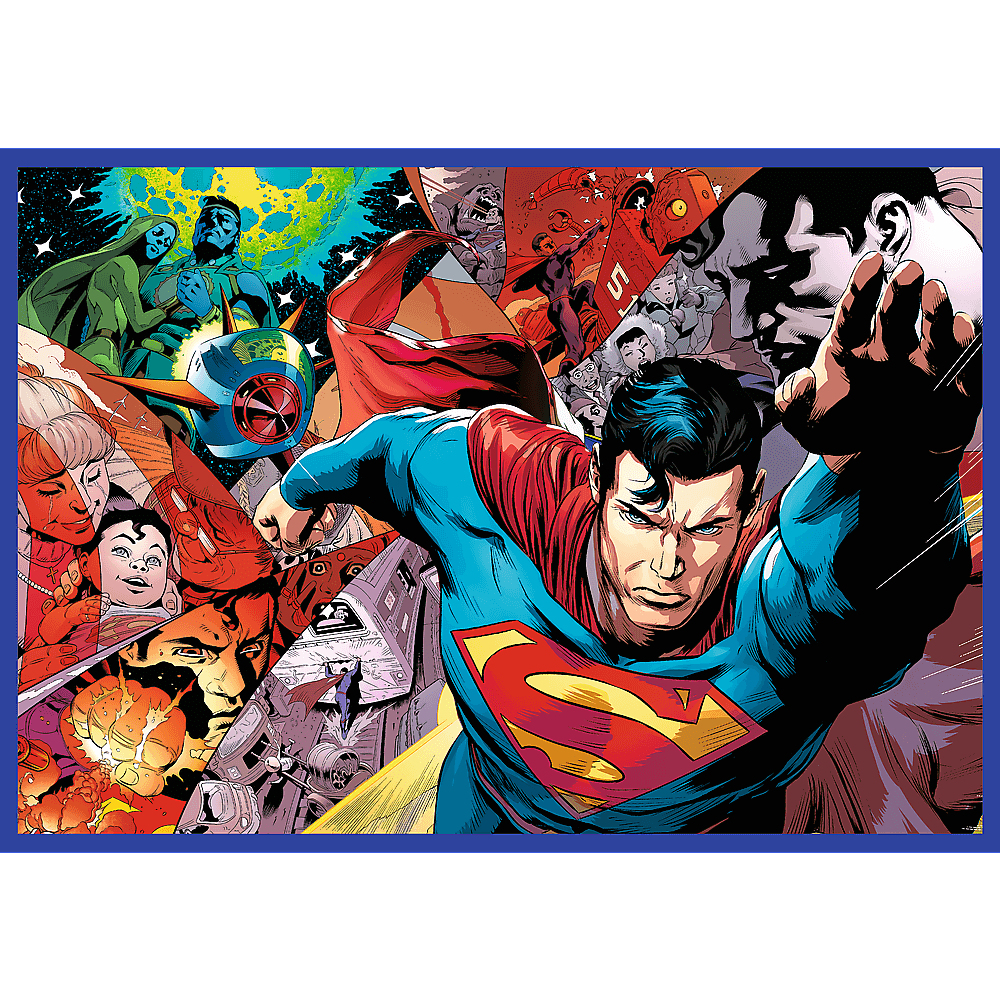Superman en vol. Collage de planches de bande dessinée avec divers personnages et scènes, bordure bleue, logo Superman sur la poitrine.