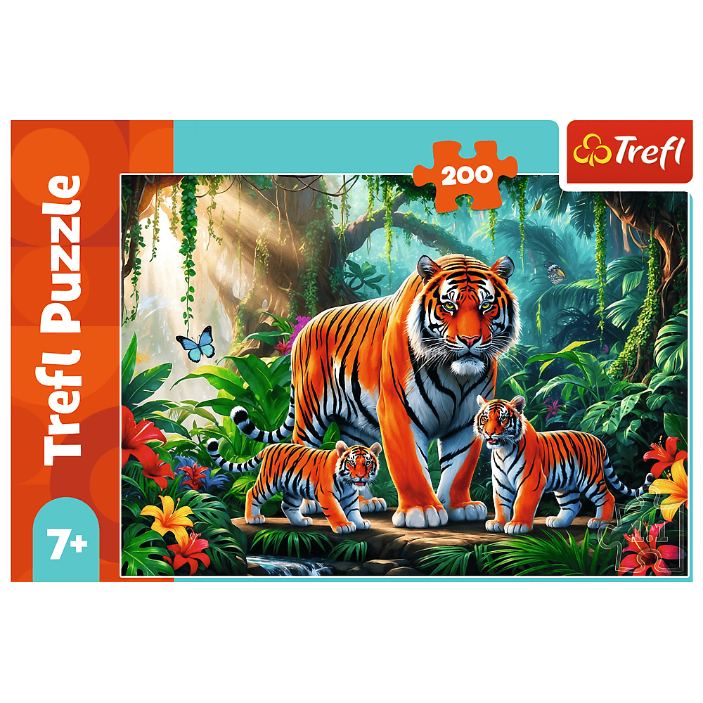 Un tigre et deux petits se tiennent dans une scène de jungle. La boîte du puzzle montre Trefl Puzzle et l'âge 7+.