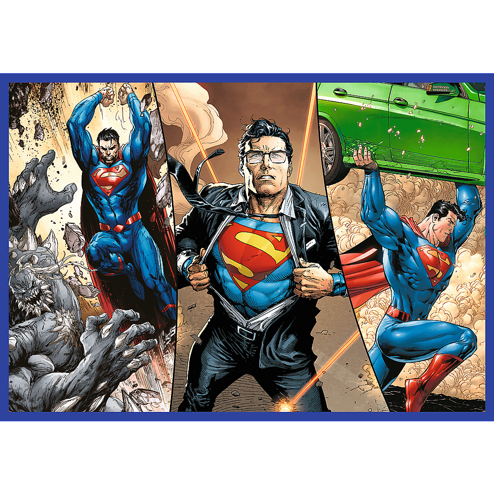 Superman en action : combattant des méchants, révélant son costume et soulevant une voiture. Plusieurs panneaux illustrent ces scènes.