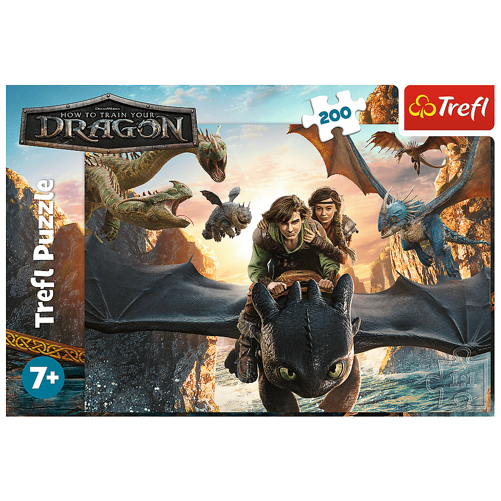 Puzzel van 'How to Train Your Dragon'. Met draken, personages en een 'Trefl' logo.