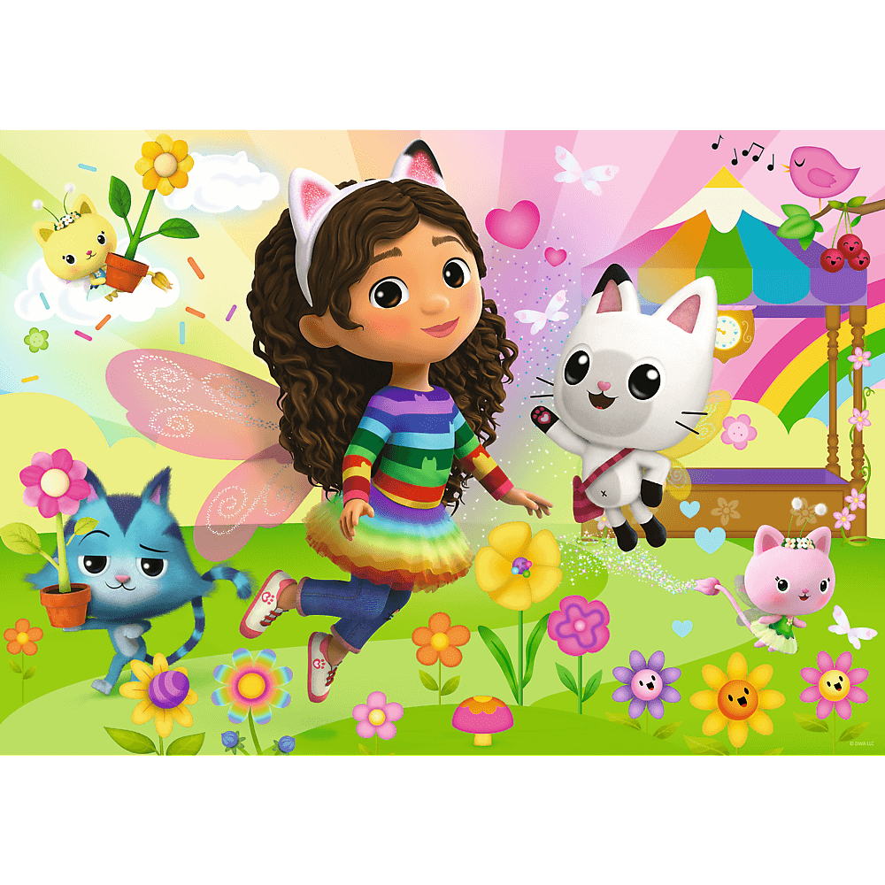 Een meisje met kattenoren en vleugels wordt omringd door cartoonkatten en bloemen, met een regenboog op de achtergrond.