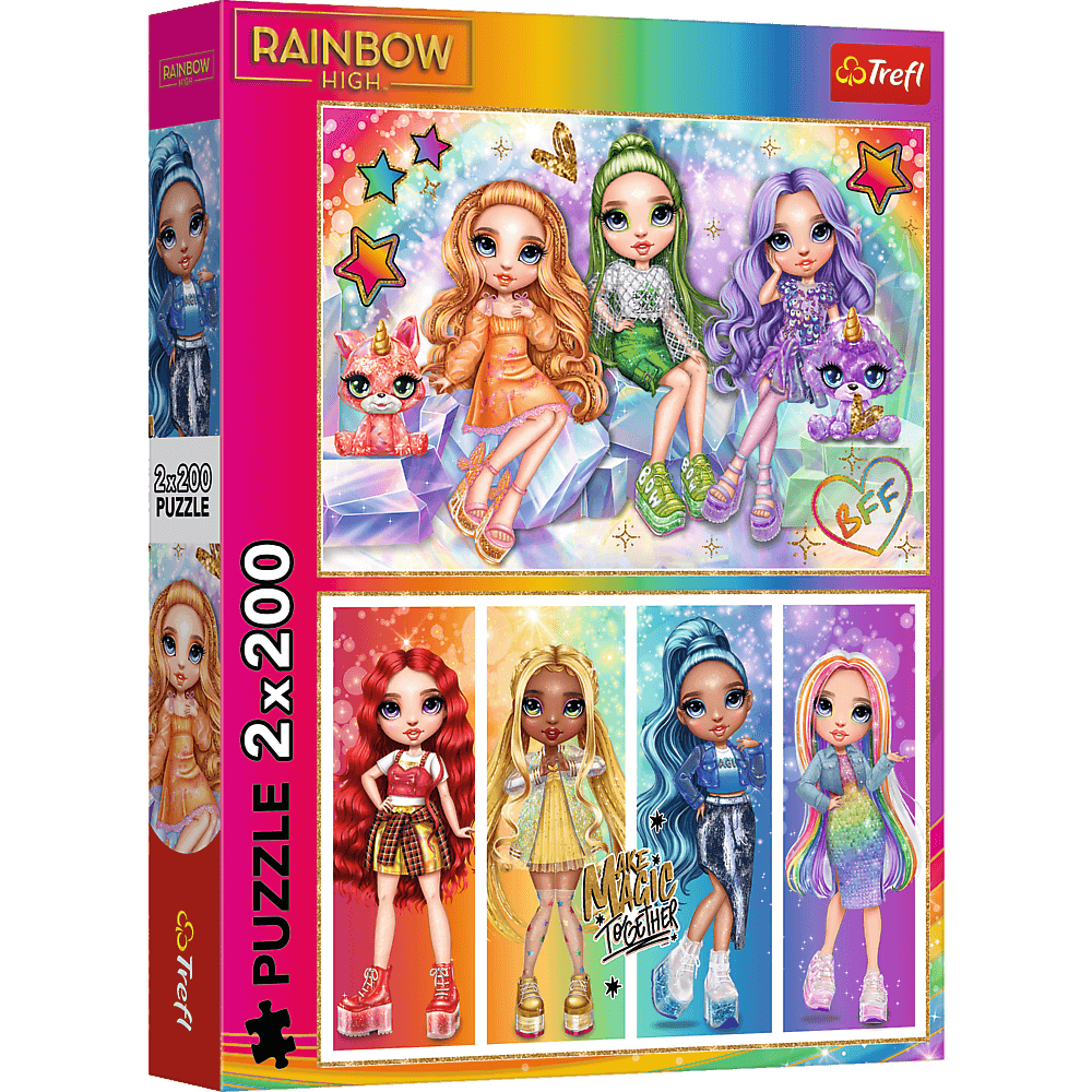 Boîte de puzzle montrant des poupées Rainbow High. Rangée supérieure: quatre poupées, un chat et un chien. Rangée inférieure: quatre autres poupées. Texte: 'Puzzle 2x200'.