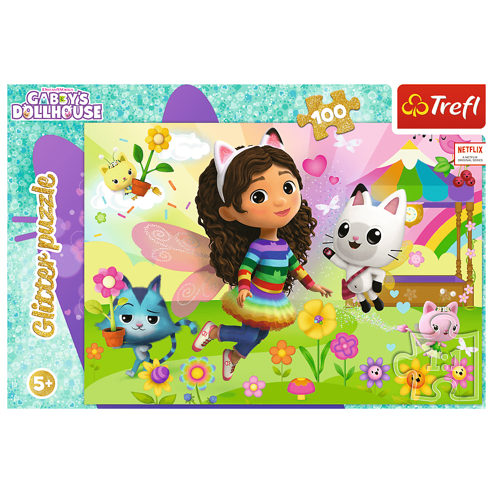 Puzzel van Gabby's Dollhouse-personages. Gabby met vleugels, bloemen, katachtige karakters, regenboog en Trefl-logo.