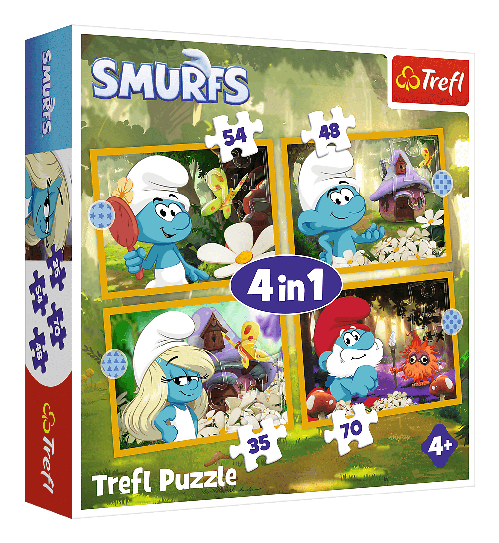 Eine Schachtel mit Smurfs-Puzzle. Es zeigt vier Schlümpfe in verschiedenen Szenen. Das Puzzle ist ein 4-in-1-Trefl-Puzzle, geeignet für Kinder ab 4 Jahren.