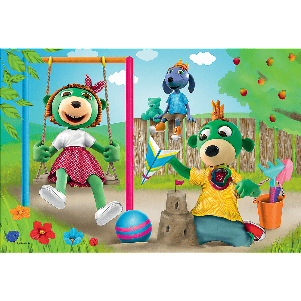 Cartoon-Szene mit spielenden Figuren. Einer auf einer Schaukel, ein anderer baut Sandburgen und ein Hund auf einem Zaun. Bunt und verspielt.