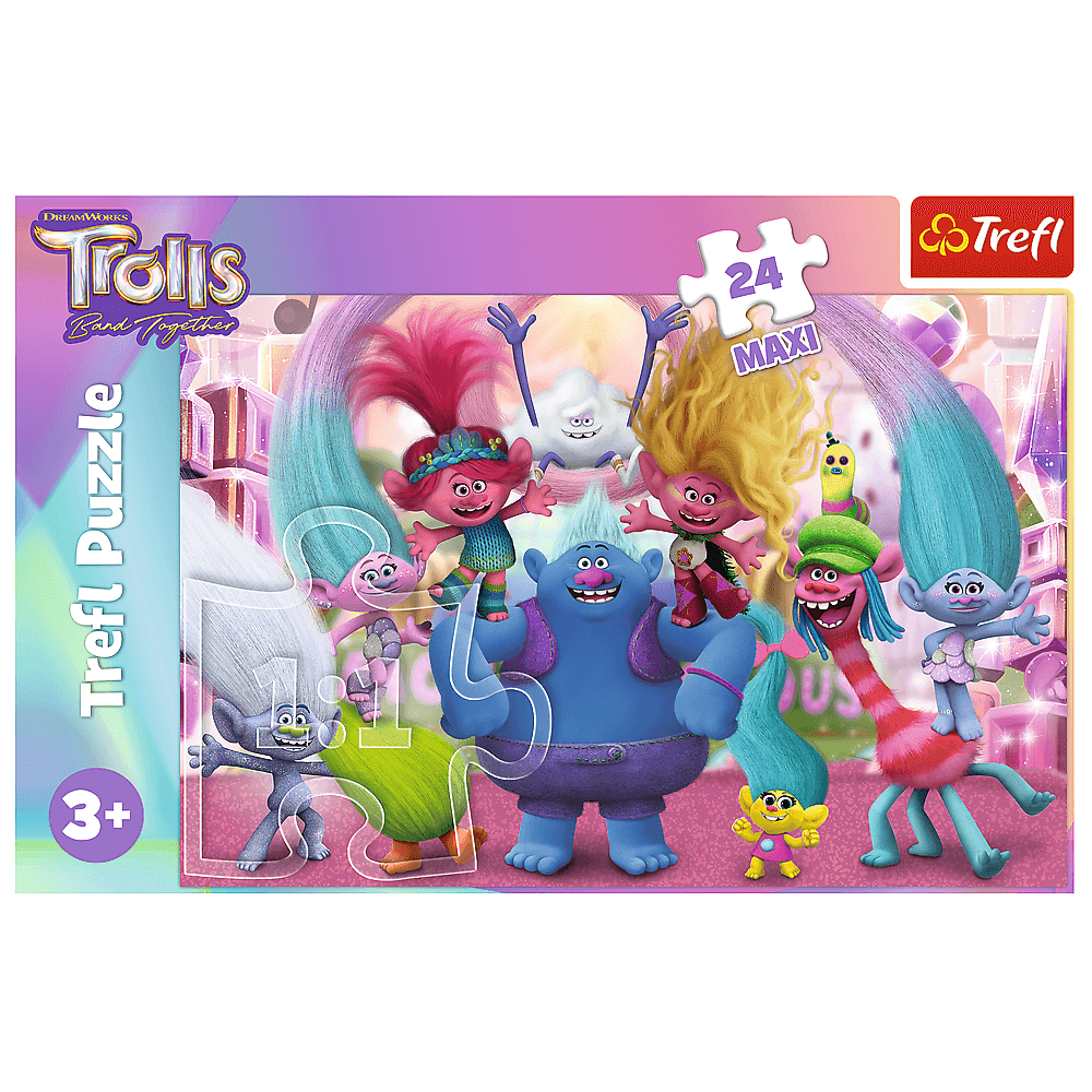 Een Trolls-puzzel met tal van stripfiguren met kleurrijk haar. De puzzel is van Trefl en is voor kinderen vanaf 3 jaar.