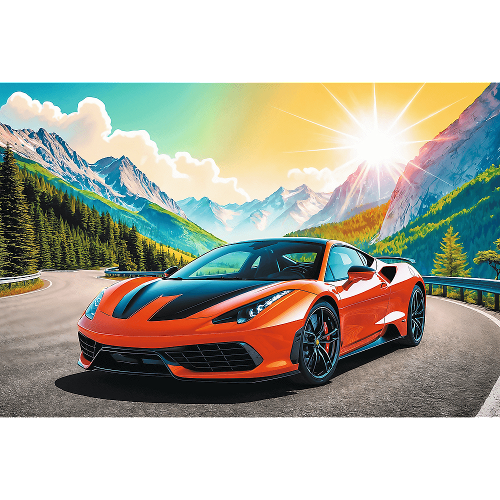 Une voiture de sport orange sur une route sinueuse avec des montagnes et un soleil brillant en arrière-plan.