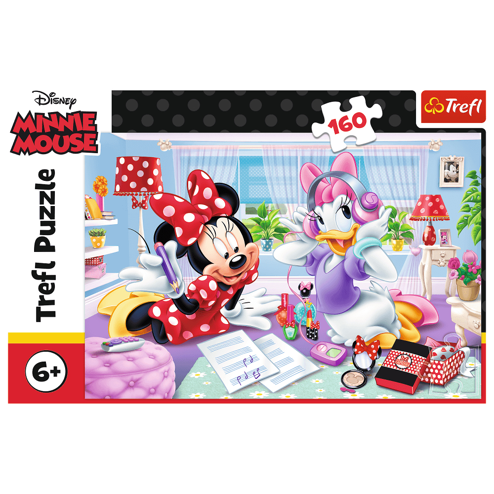 Minnie Maus und Daisy Duck Puzzle. Minnie schreibt, während Daisy Musik hört. Make-up und andere Gegenstände liegen auf dem Boden.