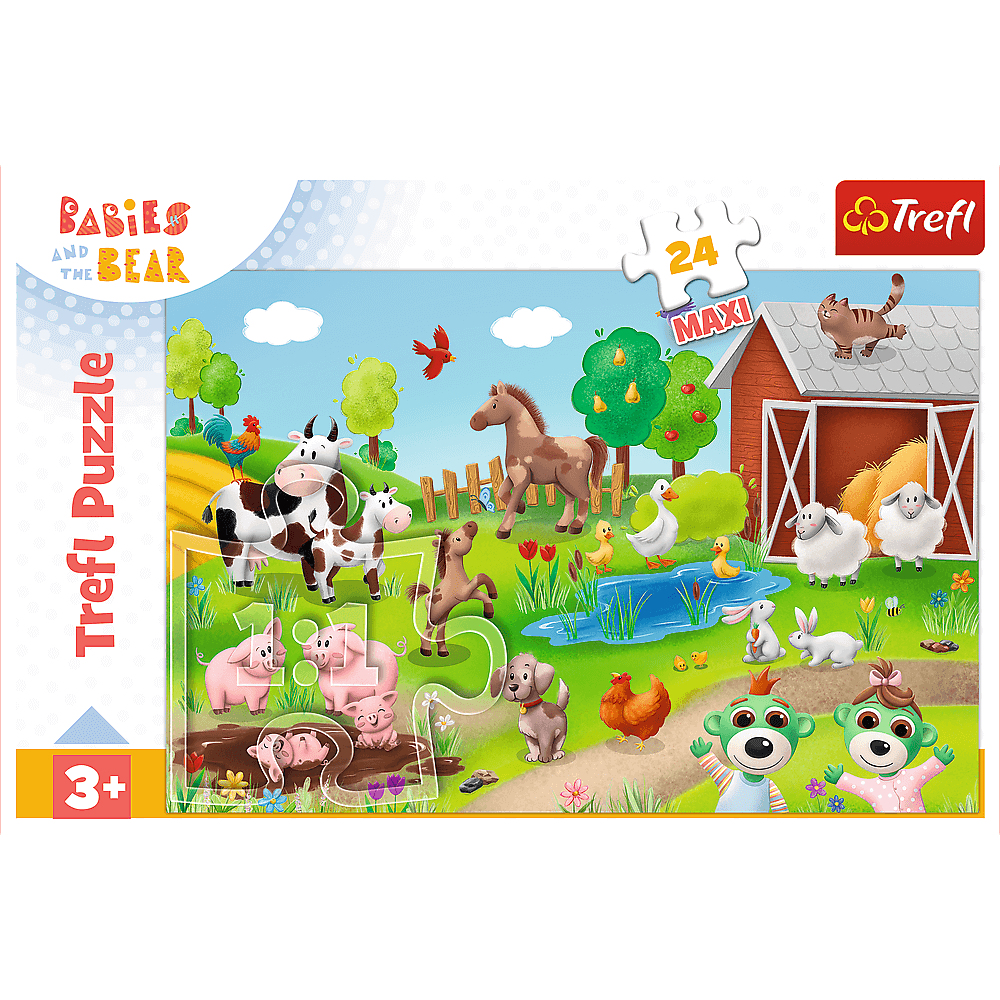 Een kinderpuzzel met boerderijdieren. Inclusief koeien, varkens, een paard, schapen, eenden, een kat en apen. Een rode schuur is zichtbaar.