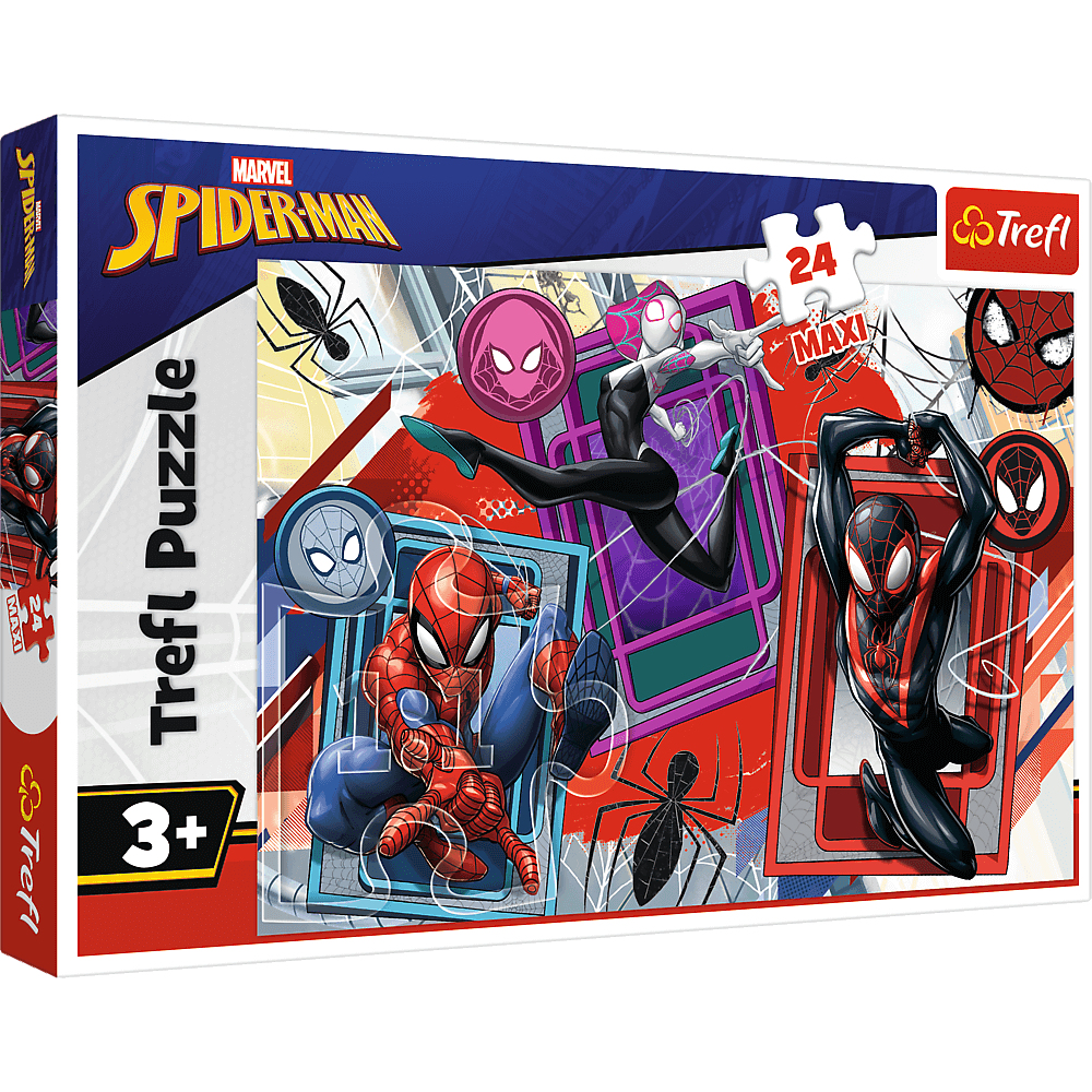 Boîte de puzzle Spider-Man. Présente des personnages de Spider-Man en poses d'action. La boîte porte le logo Marvel et la marque Trefl.