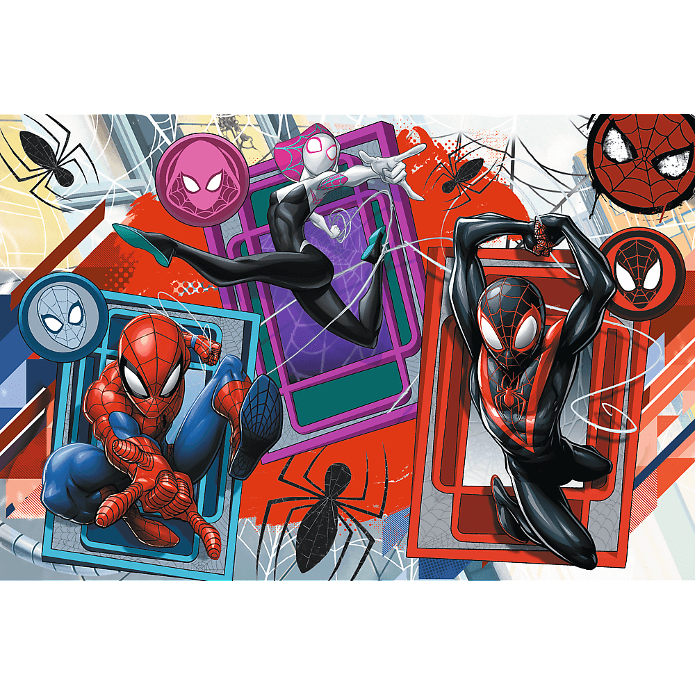 Image de style BD des personnages de Spider-Man. Spider-Gwen, Spider-Man et Miles Morales. Divers symboles d'araignée et motifs de toile.