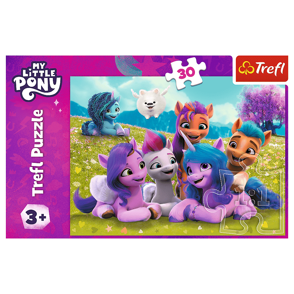 My Little Pony Trefl puzzel. Toont verschillende kleurrijke pony's op een groen veld, met een wit, pluizig wezen erboven.