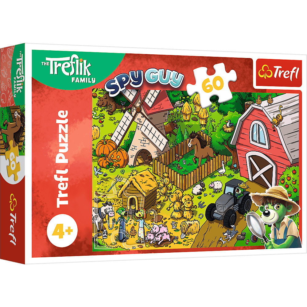 Een Trefl puzzelbox. Het toont een boerderijscène met een windmolen, schuur, dieren en een spionagefiguur met een vergrootglas.