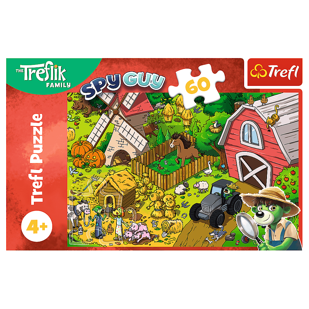 Een boerderijpuzzel met een molen, schuur, dieren en een beer met een vergrootglas. De puzzel is voor kinderen van 4 jaar en ouder.