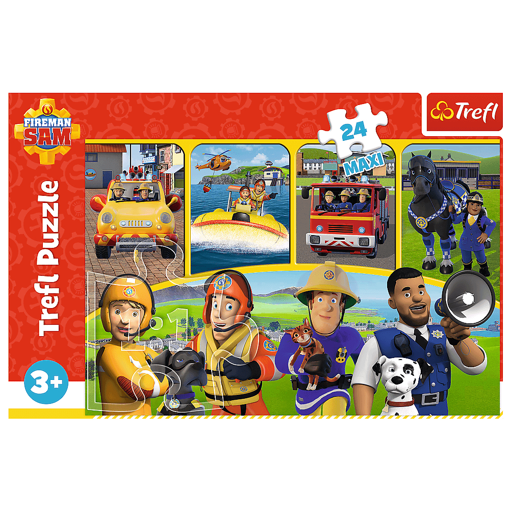 Feuerwehrmann Sam Puzzle. Enthält Charaktere mit Fahrzeugen, einem Pferd und Hunden. Der Hintergrund ist rot mit Trefl-Logo und der Zahl 24.