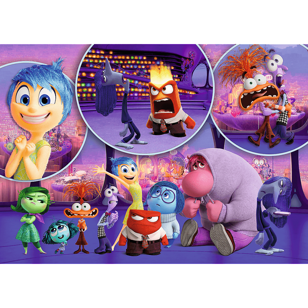 Geanimeerde personages van Inside Out. Vreugde, Verdriet, Woede, Angst, Afkeer en anderen in een paarse omgeving, met een stadsgezicht op de achtergrond.