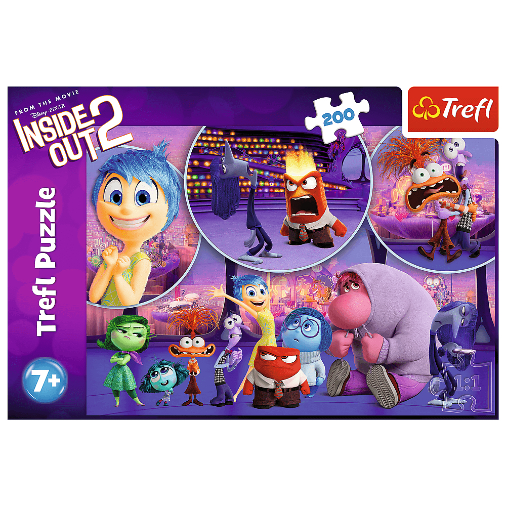 Een Trefl puzzelbox voor Binnenstebuiten 2. Het toont verschillende personages uit de film in verschillende scènes. De doos heeft een leeftijdsclassificatie van 7+.