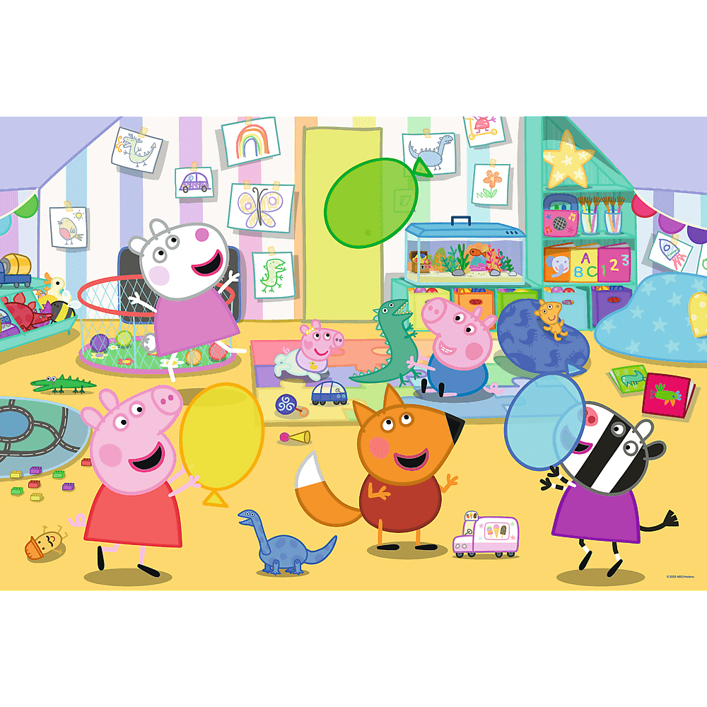 Zeichentrickszene mit Peppa Wutz-Figuren, Luftballons, Spielzeug und Zeichnungen. Der Raum ist bunt und verspielt, mit verschiedenen Objekten.