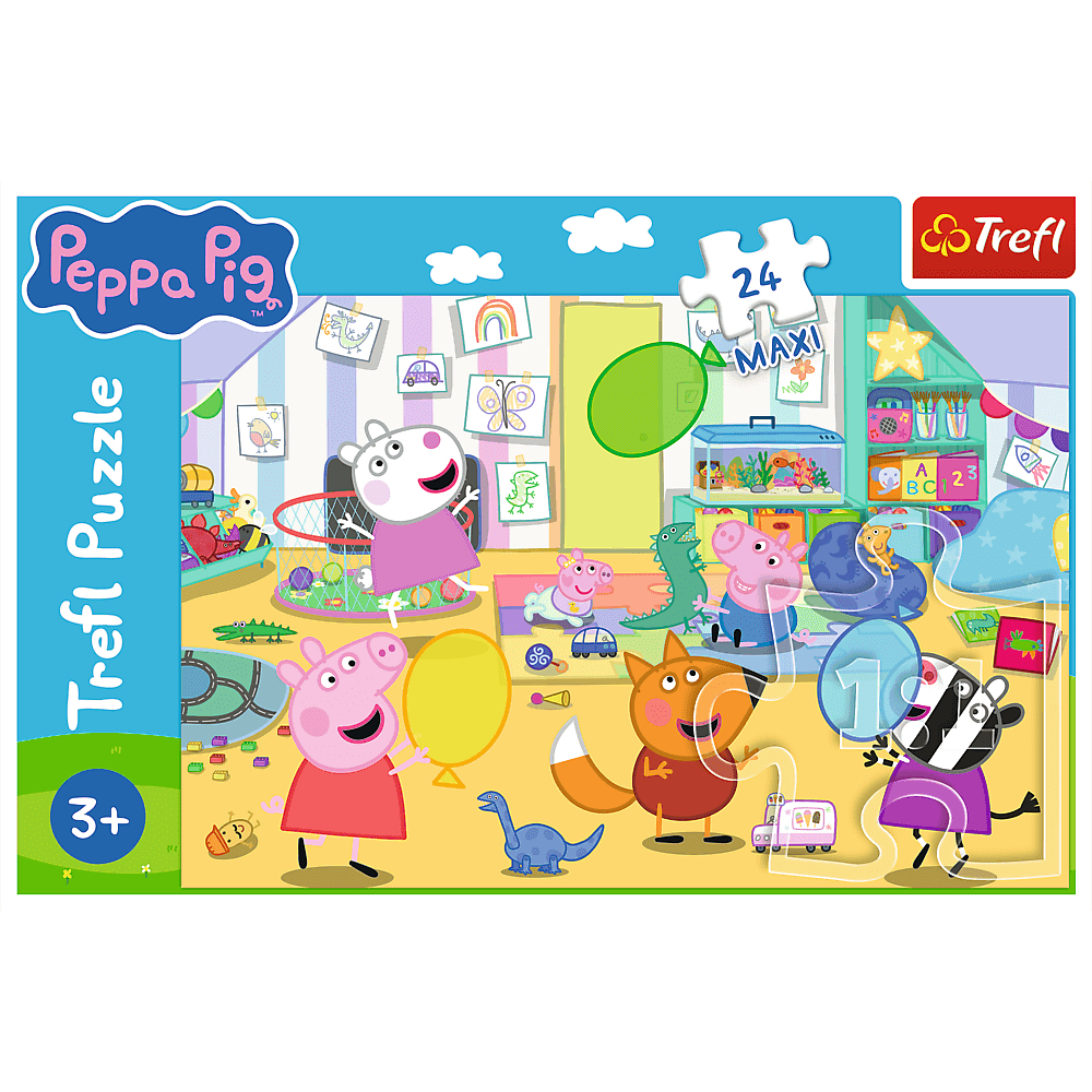Peppa Wutz Puzzle. Figuren sind Peppa, George und Freunde. Die Szene hat Spielzeug, einen Basketballkorb und ein Aquarium.