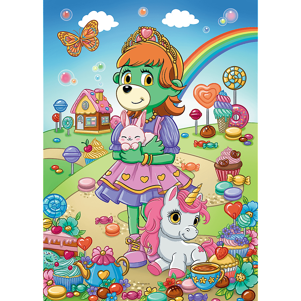 Ein grüner bärenartiger Charakter hält einen rosa Hasen und steht in der Nähe eines Einhorns. Bunte Süßigkeiten und ein Regenbogen sind im Hintergrund.