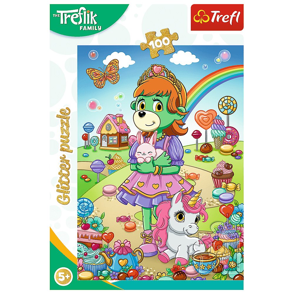 Eine Trefl-Puzzledose. Ein cartoonartiger Bär hält ein Kaninchen. Ein Einhorn sitzt in der Nähe, mit einem Regenbogen, Süßigkeiten und einem Haus.