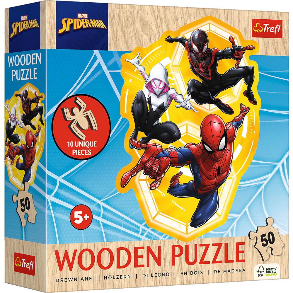 Een Spider-Man houten puzzeldoos. Met Spider-Man, Spider-Gwen en Miles Morales. Op de doos staat "HOUTEN PUZZEL" en "50".