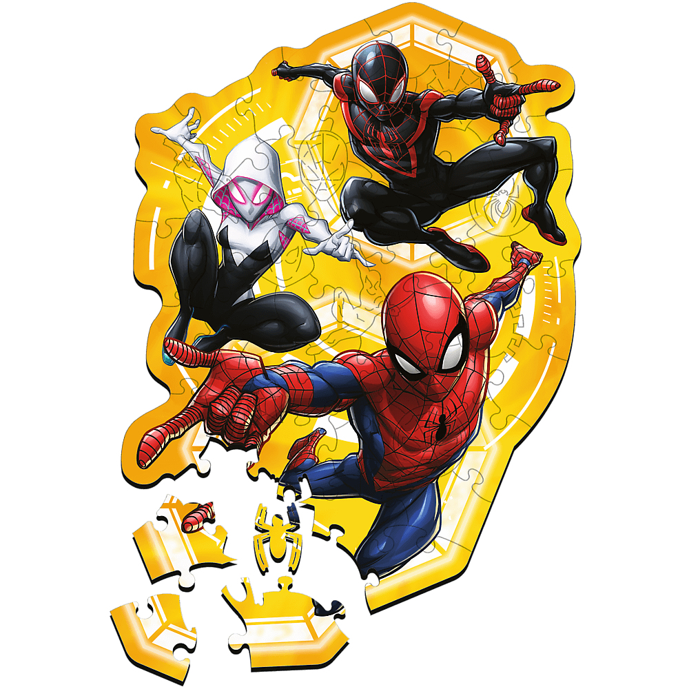 Een Spider-Man-puzzel met drie Spider-Man-personages in actieposes, tegen een gele puzzelstukjesachtergrond.