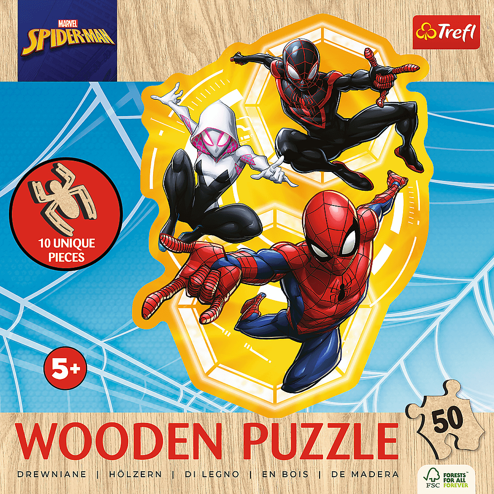 Een Spider-Man houten puzzel met drie Spider-Man karakters. De puzzel heeft 50 stukjes en is voor kinderen vanaf 5 jaar. Het merk is Trefl.