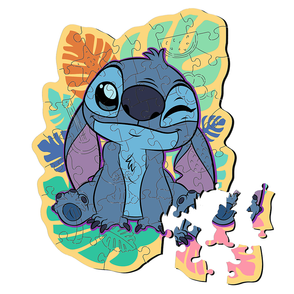 Ein Stitch-Puzzle wird zusammengesetzt. Stitch, ein blauer Außerirdischer, zwinkert. Das Puzzle hat ein tropisches Thema mit Blättern und Früchten.