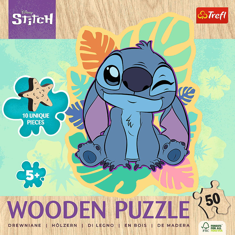 Ein Stitch-Holzpuzzle. Stitch zwinkert. Der Hintergrund hat tropische Blätter und ein sternförmiges Puzzleteil. Für Kinder ab 5 Jahren.