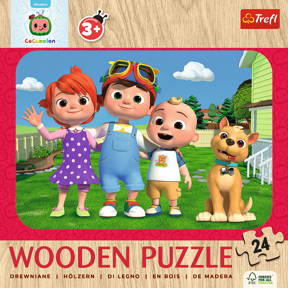 Puzzel met vier Cocomelon-personages en een hond genaamd Bingo, in een achtertuin met een groen huis.