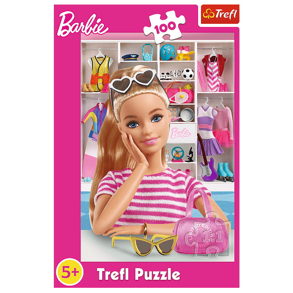 Puzzle Barbie. Lalka Barbie w okularach przeciwsłonecznych, różowej koszulce w paski i różnych akcesoriach w szafie. Puzzle Trefl.
