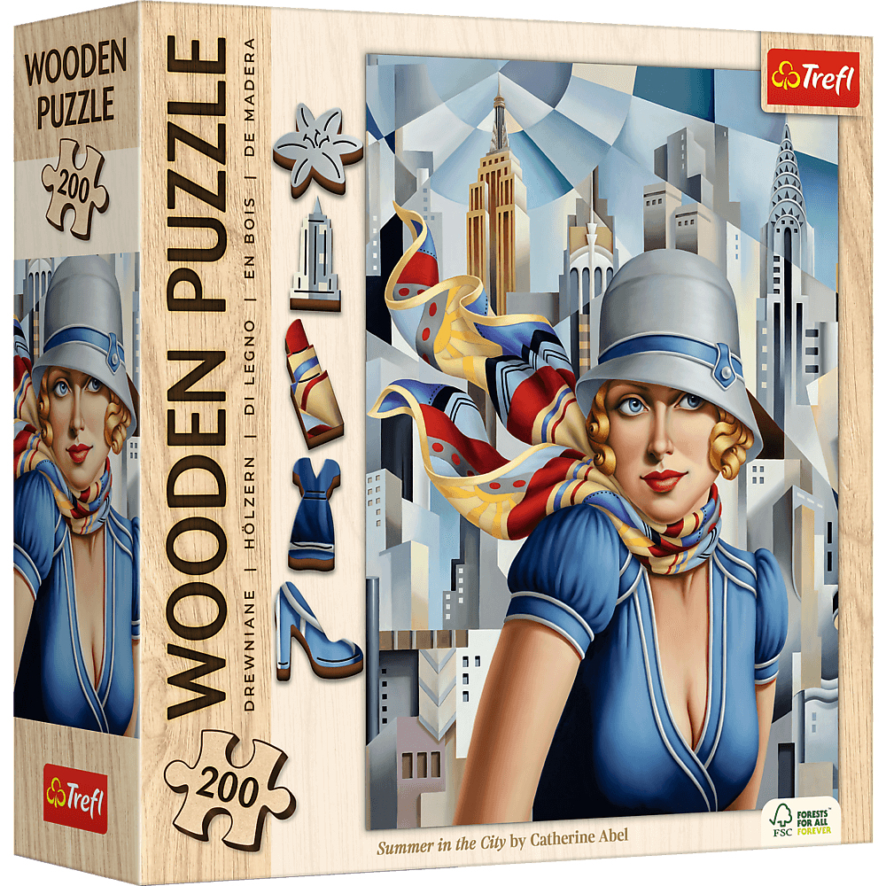 Boîte de puzzle en bois. L'œuvre représente une femme avec un chapeau et une écharpe dans un cadre urbain. Comprend des pièces de puzzle et des bâtiments de la ville.