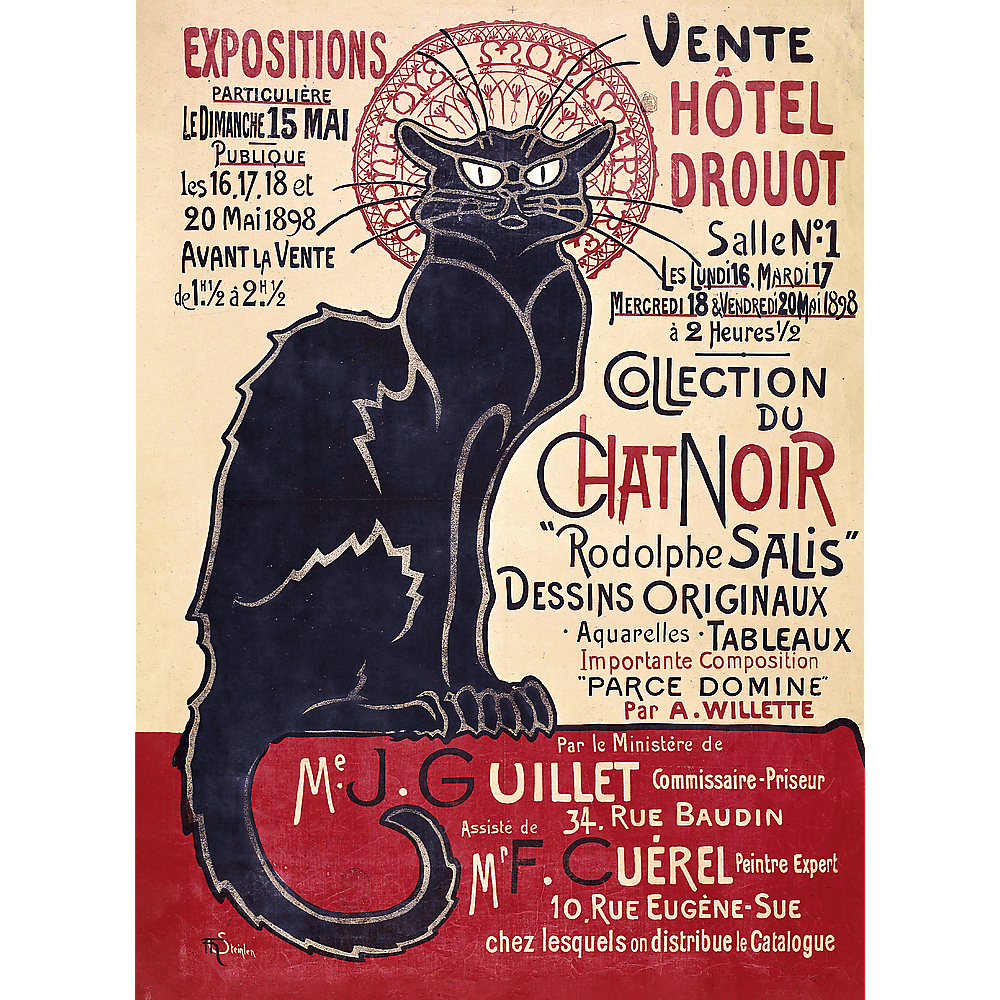 Plakat für die Chat Noir-Ausstellung. Eine schwarze Katze mit leuchtenden Augen sitzt vor Text.