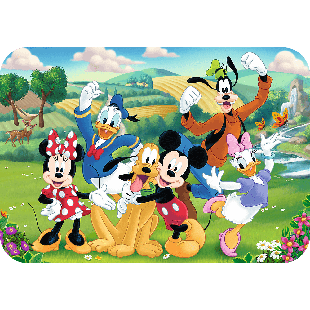 Disney-personages: Mickey, Minnie, Donald, Daisy, Goofy en Pluto in een veld met herten, vlinders en een waterval.