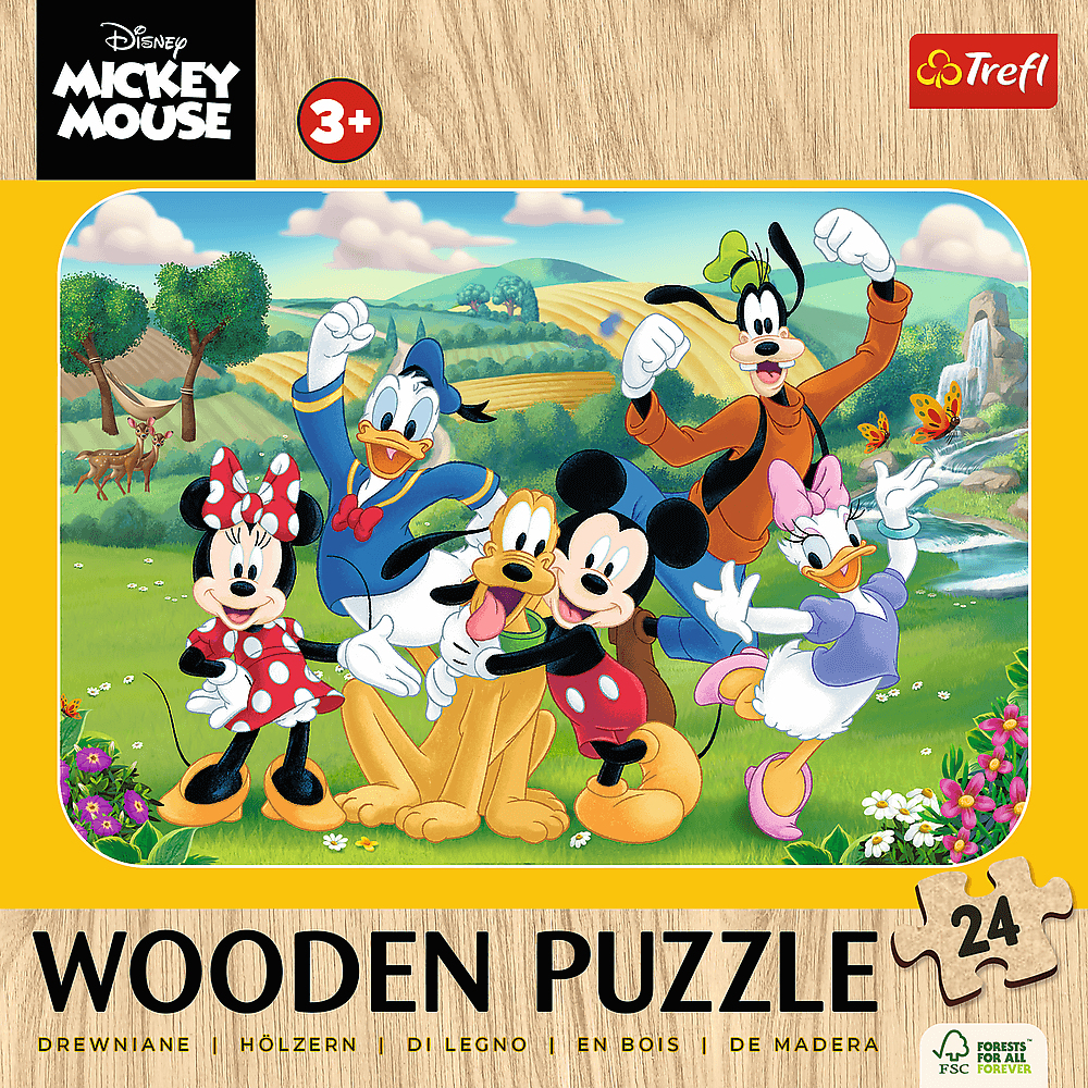 Een Mickey Mouse houten puzzel. Mickey, Minnie, Donald, Goofy, Pluto en Daisy staan in een veld. Vlinders en bloemen zijn zichtbaar.