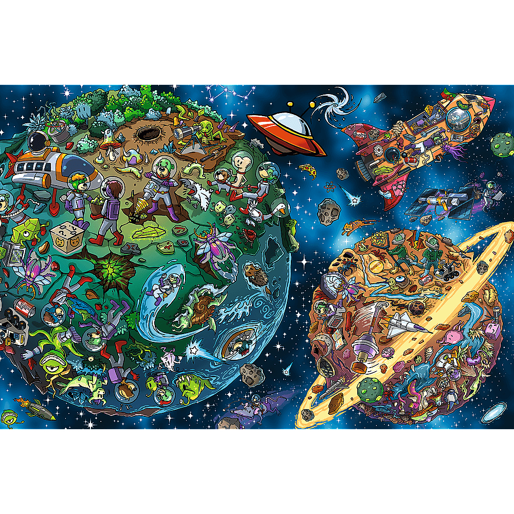 Cartoonbild von Planeten mit Aliens, Raumschiffen und einem roten UFO vor einem Sternenhintergrund. Verschiedene Kreaturen und Fahrzeuge werden gezeigt.