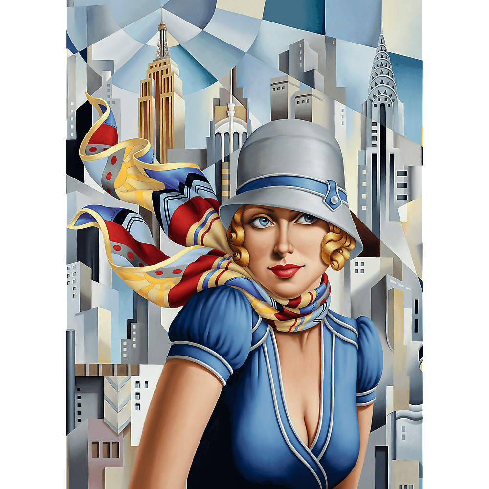 Une femme en robe et chapeau bleus, écharpe flottant, devant un paysage urbain stylisé. Bâtiments en arrière-plan, style art déco.