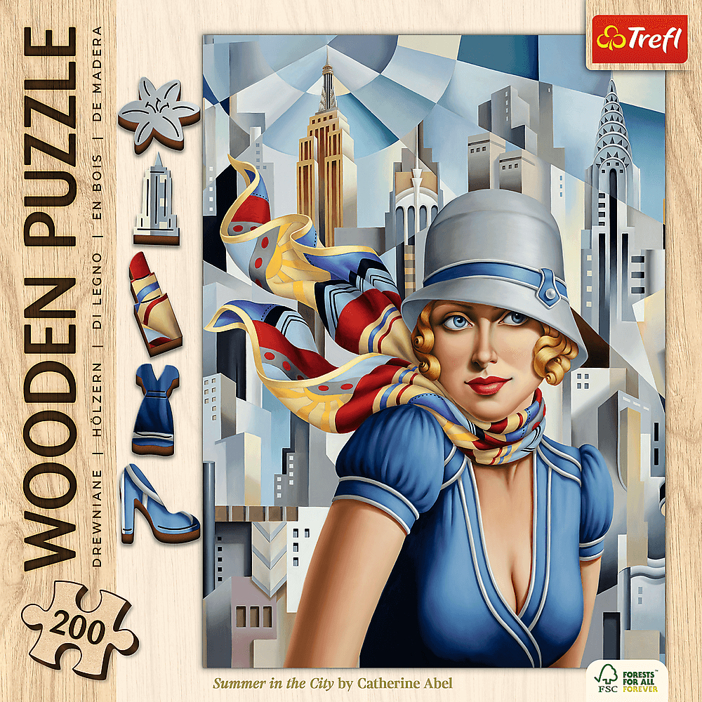Une femme en robe et chapeau bleus, avec une écharpe colorée, se tient devant une ligne d'horizon urbaine. Le puzzle est en bois.